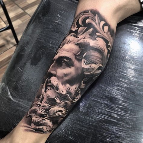 Poseidon Tattoo Leg, Zeus Leg Tattoo, Poseidon Tattoos, Grey Ink Tattoo, Infinity Tattoo On Wrist, Greek God Tattoo, Poseidon Tattoo, Zeus Tattoo, See Tattoo