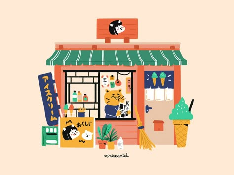 Ice Cream Shop food facade shop ice cream icecream shop character cute illustration japanese characters cat illustration cat facade japan Japanese Facade, Cute Character Design, Ideas For Cats, 달력 디자인, 귀여운 음식 그림, Japanese Store, Cats Drawing, Japanese Illustration, Shop Illustration