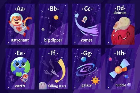 Free vector cartoon english alphabet fla... | Free Vector #Freepik #freevector #space-elements #space-illustration #space #space-kids Outer Space Alphabet Letters, Space Alphabet Letters, Space Alphabet, Illustration Space, Space Kids, Cartoon Astronaut, Space Space, Kid Flash, Space Illustration