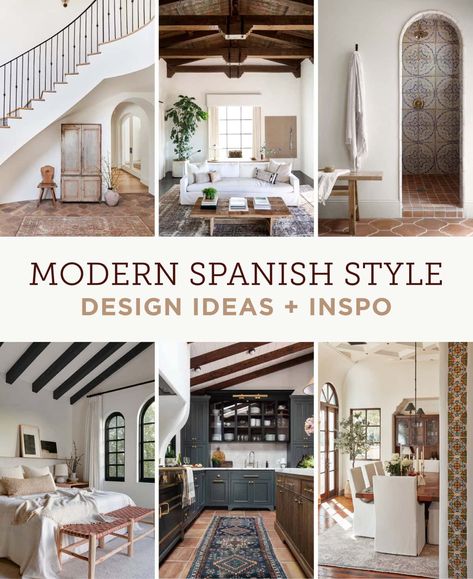 Ideas and inspiration for modern Spanish style home interior design. Learn the 12 key design elements, and decor ideas to get the look! Modern Spanish Coastal Style Homes, Spanish Transitional Interior, Spanish Inspired Interior Design, Modern Spanish Wall Art, Spanish Style Casita, Pueblo Revival Interior, Mexican Colonial House Interior Design, Spanish Style Modern Homes, Spanish Style Light Fixtures