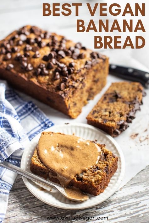 Vegan Chocolate Chip Banana Bread, Best Vegan Banana Bread, Vegan Banana Bread Recipe, Vegan Bread Recipe, Sweet Foods, Vegan Baking Recipes, Vegan Banana Bread, Healthy Vegan Snacks, Cake Vegan