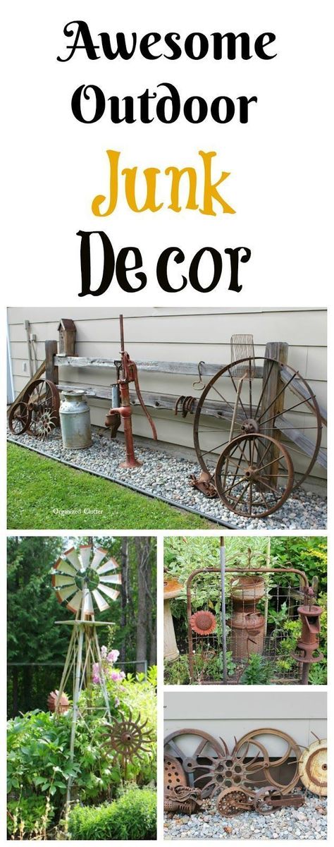 Junk Decor, Tiny Patio, Garden Shade, Farm Implements, Country Garden Decor, Garden Junk, Garden Kit, Outdoor Garden Decor, Inspire Me Home Decor