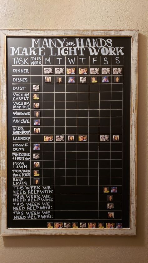 Chores Organization Ideas, How To Make A Chore Chart For Family, Big Family Organization Ideas, Chore List For Family, Family Chore System, Chore Chart Family Household, Chores For Family House, Chores Whiteboard Ideas, Chore Board For Adults