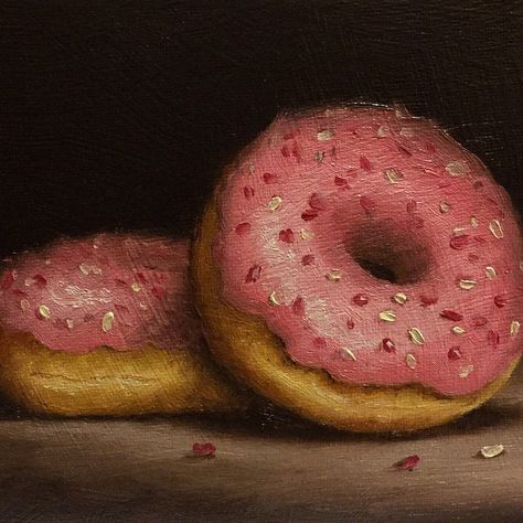 Doughnut Art, Gcse Art Coursework, Drink Painting, Oil Still Life, Art Coursework, Oil Painting Nature, Natural Objects, Now Oils, Pink Donuts