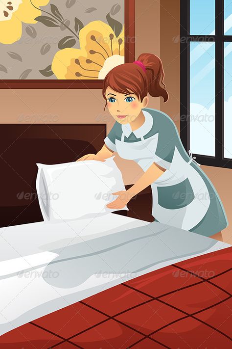 Hotel Janitor Cleaning the Hotel Room Room Vector Illustration, Cleaning Drawing, Office Clipart, Making Bed, Room Attendant, Hotel Cleaning, Room Illustration, Bedroom Drawing, Hotel Management