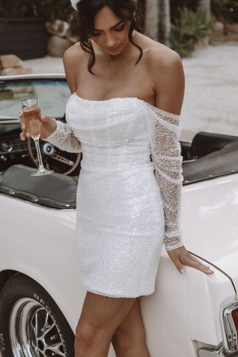 Little White Dress Long Sleeve, Reception Dress Short Bling, Short Evening Wedding Dress, Bridal After Party Dress Short, Winter Reception Dress, Short Engagement Dresses, After Wedding Dress For Bride, After Party Wedding Dresses, After Party Wedding Dress Short Brides