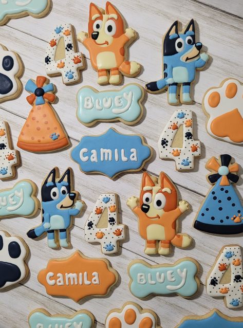 Bluey and Bingo custom birthday cookies Bluey 1st Birthday Cookies, Bluey Themed Birthday Treats, Bluey Bingo Cookies, Bluey Birthday Pretzels, Bluey Theme Dessert Table, Bluey Birthday Party Cookies, 1st Birthday Party Bluey, Bluey Theme Cake Smash, Bluey 2nd Birthday Cookies