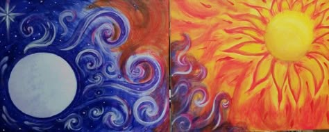 Sun Moon Dyptich Painting Sun And Moon Oil Painting, Painting Ideas Moon And Sun, Dyptich Art Ideas, Diptych Painting Ideas, Diptych Art Ideas, Dyptich Art, Sun And Moon Art Aesthetic, Dyptich Painting, Sun And Moon Paintings