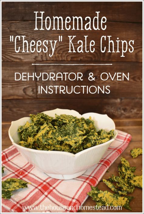 Homemade "Cheesy" Kale Chips: Dehydrator & Oven Instructions - The House & Homestead Kale Chips Dehydrator, Kale Chips Recipe Oven, Cheesy Kale Chips, Homemade Kale Chips, Kale Chips Recipe, Green Thickies, Kale Chip Recipes, Vegan Cheese Sauce, Kale Chips