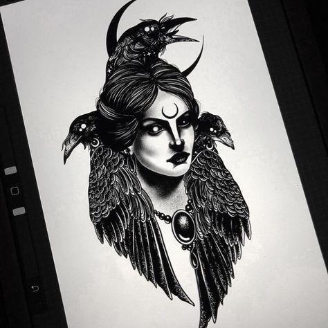 Raven Queen Dnd Tattoo, Morrigan Celtic Goddess Tattoo, Morgan Le Fay Tattoo, Morana Goddess Tattoo, The Morrigan Goddess Tattoo, The Morrigan Tattoo Celtic Goddess, The Morrigan Goddesses Art, Morrigan Tattoo Celtic Mythology, Morrigan Goddess Celtic Mythology