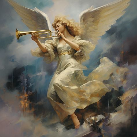 Angel Trumpet Aesthetic, Angels With Trumpets, Angel With Trumpet, Kate Thompson, Angel Band, Angel Stories, Wood Splitter, Angel Trumpet, The Birth Of Christ