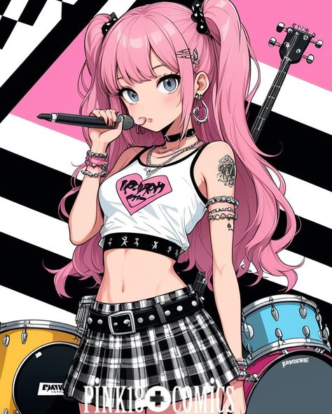 Punk Anime Female, Kawaii Grunge, Punk Rock Oc Drawing, Punk Rock Character Design, Edgy Pink Outfits Drawing, Pink Punk Outfits, Punk Girl Character Design, Characters With Pink Hair, Dark Punk