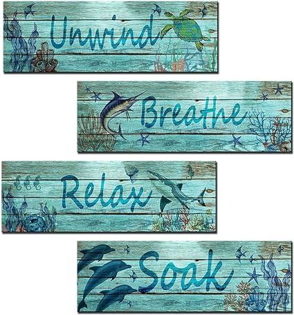 Amazon.com: Underwater World Wooden Sign 4 Pieces Ocean Bathroom Decor Relax Soak Unwind Breathe Wall Decor Tropical Fish Wood Plaque Coral Reef Artwork Shark Dolphin Wall Art Kitchen Home Decor (Teal Blue) : Everything Else Ocean Bathroom Decor, Ocean Bathroom, Tropical Artwork, Dolphin Wall Art, Coffee Table Pictures, Relax Soak Unwind, Wall Art Kitchen, Floor Decal, Kitchen Home Decor