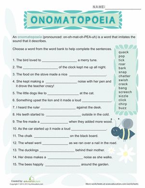 BOOM! This worksheet is full of all kinds of sound-based words, from creaks to squeaks. Onomatopoeia Worksheets, Onomatopoeia Activities, Language Techniques, Figurative Language Worksheet, Teaching Figurative Language, High School Language Arts, Writing Centers, Teaching Poetry, Collective Nouns