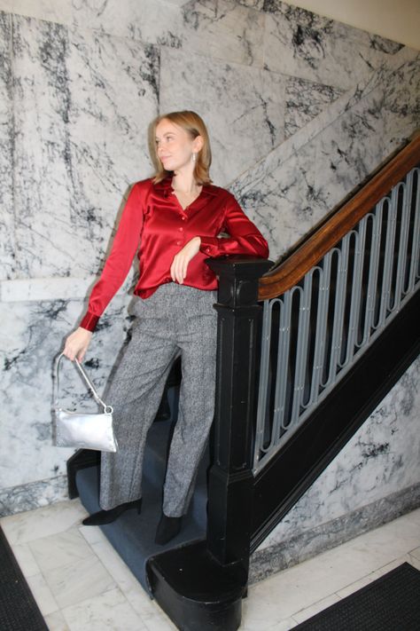 Holiday looks🎄 | Women's style, outfit inspo, holiday outfit, holiday party, red top, staud pants, trousers, black and white trousers, party outfit, christmas outfit, silver bag, black boots, ankle boots Black Boots Ankle, Party Outfit Christmas, Holiday Lookbook, Outfit Holiday, Silver Bag, Silver Bags, Outfit Christmas, White Trousers, Holiday Outfit