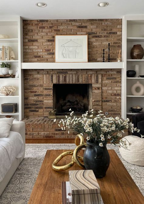 Brick Fireplace Makeover Before And After - House Of Hipsters Brown Fireplace Living Room, Master Fireplace, Moss House, Brick Fireplace Decor, Brick Fireplace Wall, Red Brick Fireplaces, 80s House, White Brick Fireplace, House Improvement