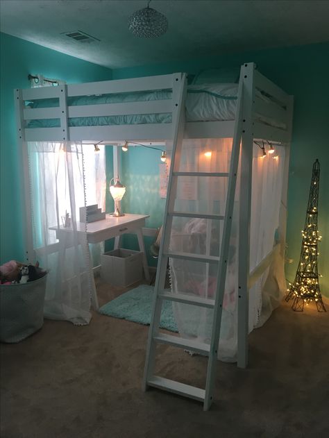 Loft Bed Room Ikea, Window Loft Bed, Ikea Stora Loft Bed Hacks, High Bed Rooms Ideas, Loft Bed Inspiration, Loft Bed With Lights Under, Loft Bed Hideout, Loft Bed Ideas Queen Size, Small Room Ideas With Loft Bed