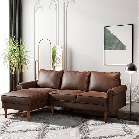 Amazon.com: POUUIN 81" Small Sectional Sofa Couches for Living Room,Mid-Century Modern L-Shape Sofa Couch with Chaise,Faux Leather Comfy Chaise Sofa for Office Apartment Small Space,Brown : Home & Kitchen Brown Sofa Design, Sofa For Office, Leather Chaise Sofa, Alaska Living, Dark Brown Sofas, Couches For Living Room, Plush Couch, Small Sectional Sofa, Small Sectional