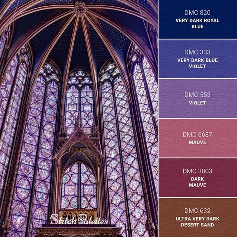 Stained glass as being a common form in gothic style created rich cool tone cascades of color when the sun shines through. Museum Color Palette, Embroidery Palette, Gothic Color Palette, Stitch Palette, Stitch Palettes, Color History, Gothic Style Architecture, Creative Logo Design Art, Stitch Colors