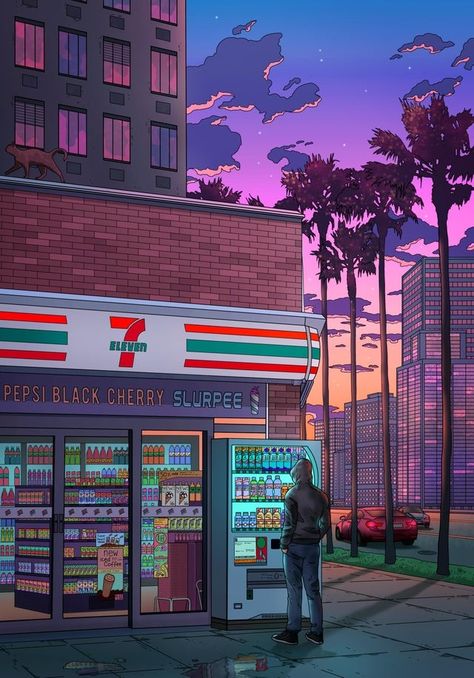 7 Eleven Aesthetic, Eleven Aesthetic, Lofi Chill Wallpaper, Iphone Wallpaper Planets, Lo-fi Aesthetic, Nostalgia Art, Vaporwave Wallpaper, Pixel Art Background, Vaporwave Art