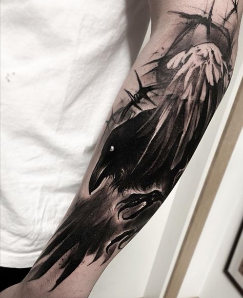 Raven Bicep Tattoo, Crow Tree Tattoo, Cool Raven Tattoos, Raven Tattoo Forearm, Crow Hand Tattoo, Forearm Coverup Tattoo, Raven Sleeve Tattoo, Raven Forearm Tattoo, Black Tattoos Men