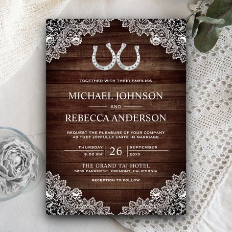 Rustic Country Barn Wood Horseshoe Lace Wedding Invitation #zazzle #weddinginvitations #birthdayinvitations #babyshowerinvitations #zazzleinvitations #monogram #businesscards #graduation #homedecor Western Wedding Background, Cowboy Wedding Ideas, Cowboy Wedding Invitations, Horseshoe Wedding, Western Wedding Invitations, Western Style Wedding, Western Themed Wedding, Wedding Horseshoes, Barn Wedding Reception