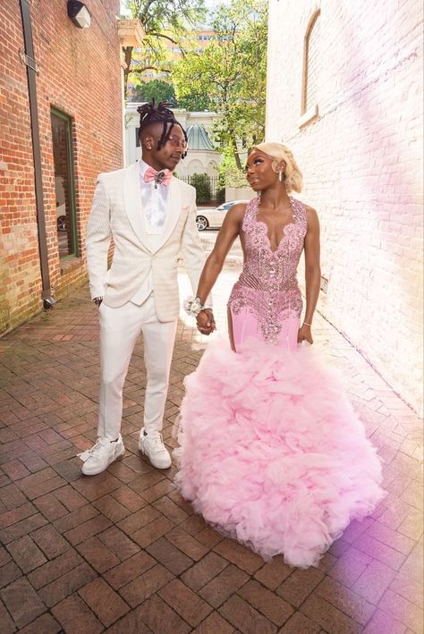 Pink Prom Dress Black Couple, Pink And White Hoco Couple, Pink And Gold Prom Couple, Pink And White Homecoming Couple, White And Pink Prom Couple, Pink Prom Ideas Black Couples, Pink And Silver Prom Couple, Pink Prom Black Couple, Pink And Brown Prom Couple