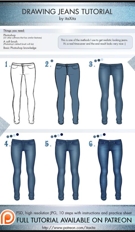 Drawing Jeans Tutorial by itaXita Draw Jeans, Drawing Denim, Texture Reference, Painting Clothes, Jeans Tutorial, Jeans Drawing, Fashion Texture, Digital Ideas, Draw Painting