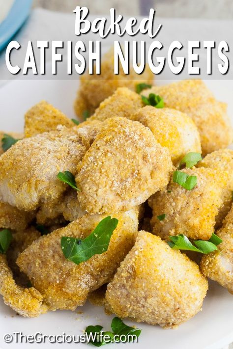 Make these Baked Catfish Nuggets as a healthy and easy baked version of a Southern favorite. Made with just 5 ingredients in 30 minutes for a super easy family dinner recipe. We also love that this recipe is gluten free and dairy free! Baked Catfish Nuggets Recipes Oven, Catfish Nuggets Baked, Catfish Nugget Recipes, Baked Catfish Nuggets, Healthy Catfish Recipes, Catfish Dishes, Catfish Nuggets Recipes, Baked Catfish Recipes, Catfish Nuggets