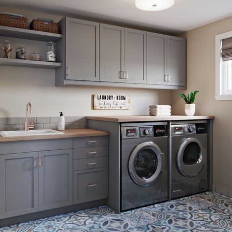 Grey Blinds, Shaker Door Styles, Painted Slate, Cabinet Glass, Shaker Doors, Laundry Room Remodel, Space Storage, Laundry Decor, Grey Cabinets