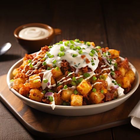 Loaded Totchos | Ore-Ida | Recipes - Kraft Heinz Frozen Potato Recipes, Steak Fries Seasoning, Loaded Totchos, Tater Tot Appetizers, Totchos Recipe, Potatoes Fries, Hotdish Recipes, Ore Ida, Frozen Potatoes