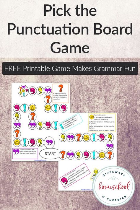 FREE Pick the Punctuation Board Game. Grammar isn’t often at the top of the list of kids’ favorite subjects. But grammar doesn’t have to be boring or tedious. Punctuation Games, Writing Printables, Grammar Games, Teaching Geography, Homeschool Freebies, Free Printable Games, Grammar And Punctuation, Homeschool Printables, Printable Games