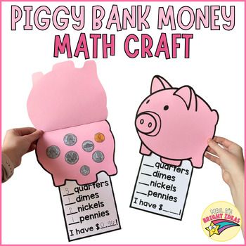 Review money and counting coins up to $1 by having your students create this simple and fun math craft to review counting money and coin recognition skills! It is perfect for a unit on money bulletin board, hallway display, or a classroom work display. This craft will be well loved by your 1st and 2nd grade students!Piggy Bank Money Math Craft includes: Piggy bank, piggy bank base, colored & black and white US coins (quarters, dimes, nickels, & pennies), coin list template, and price tags* The price tags tell each student what value they will be putting in their piggy bank. These can be distributed to your students as needed. We typically work with money around Easter time, so a fun way to distribute the price tags is to put them inside Easter eggs and hide them around your classro Fun Coin Activities, Fun Math Activities For 3rd Grade, Learning Money Activities, Money Activities For Kids Kindergartens, Coin Recognition Activities, Money Activities For Second Grade, Money Craft Ideas, 1st Grade Classroom Must Haves, Money Activities For Preschool