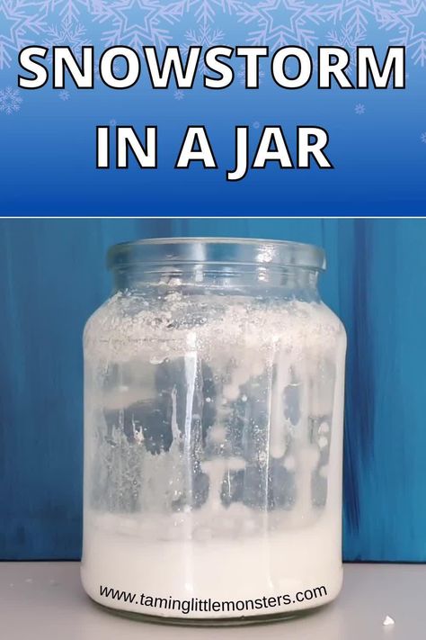 Winter Themed Science Experiments, Snow Homeschool Activities, January Science Preschool, Snow Experiments Kindergarten, Snow In A Jar Experiment, Science And Discovery For Preschoolers, Snowstorm In A Jar Experiment, Christmas Themed Science Experiments, Winter Weather Activities For Toddlers