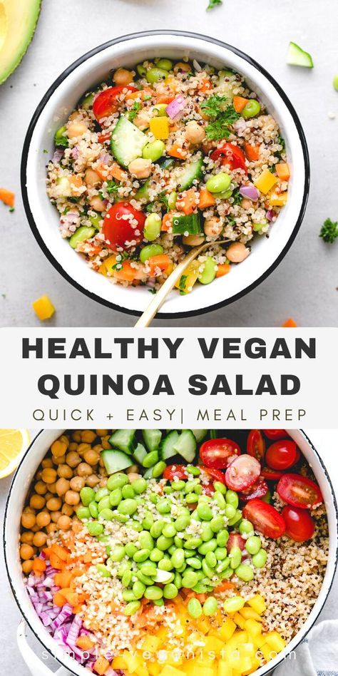 Garden inspired Vegan Quinoa Salad recipe features colorful veggies, protein rich edamame (or chickpeas) and a zesty garlic-lemon dressing. It’s full of texture, flavor and is so easy to make! #quinoasalad #veganmealprep #veganrecipes #quinoa Vegan Quinoa Salad Recipes Cold, Quinoa And Edamame Salad, Cold Quinoa Bowl, Edamame Bowl Recipe, Healthy Quinoa Salad Recipes, Quinoa Salad Recipes Cold, Vegan Quinoa Salad Recipes, Vegan Quinoa Recipes, Awesome Salads