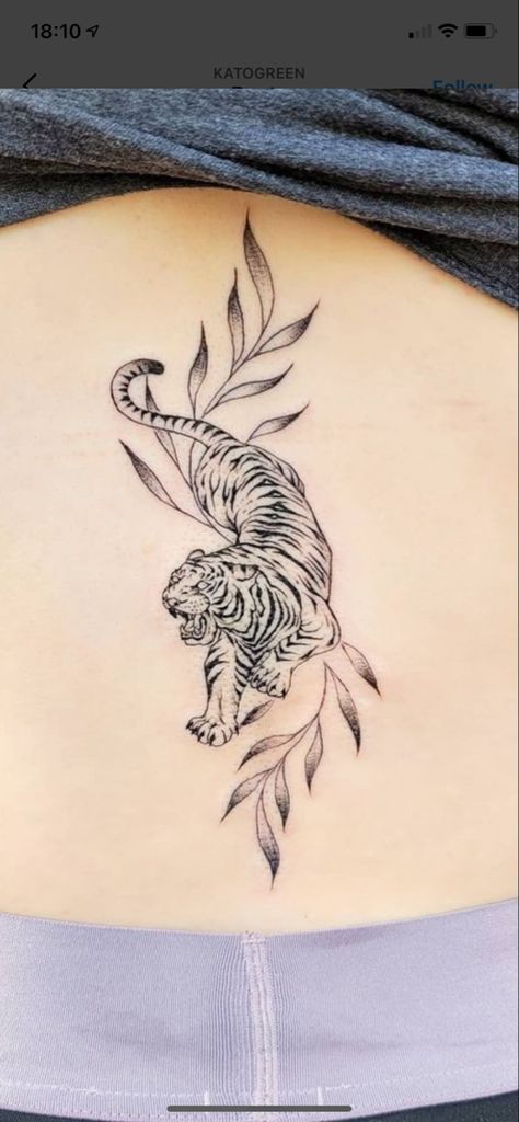 Tiger With Vines Tattoo, Tiger Tattoo Outline Design, Tiger And Leaves Tattoo, Tiger Female Tattoo, Tiger Tattoo With Leaves, Tiger Flower Tattoo Design, Tiger Spine Tattoo, Tiger And Flower Tattoo, Tiger Tattoo With Flowers