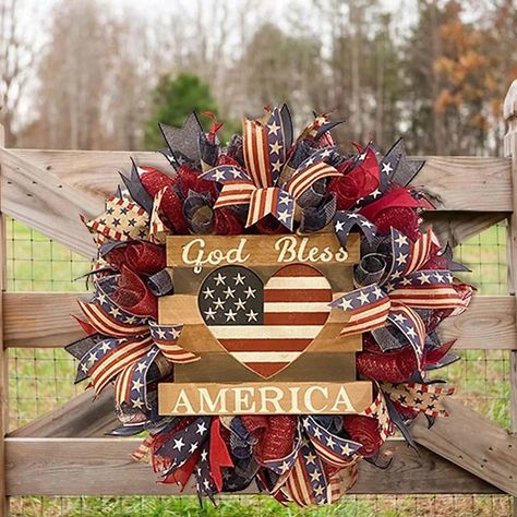 Patriotic Wreath American Independence Day Decoration Red White Blue Wreaths 4th of July Wreaths,Handmade God Bless America Wreath Colorful Bow and Wooden Letter Sign Hanging Decoration 2024 - $17.99 Patriotic Door Wreath, Patriotic Home Decor, Red White Blue Wreath, American Flag Wreath, Door Hanging Decorations, Flag Wreath, Independence Day Decoration, Material Wreaths, Fourth Of July Decor