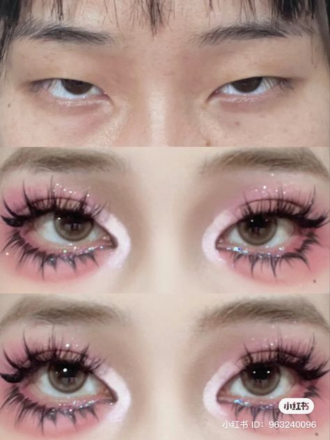 Japan Eye Makeup, Harajuku Makeup Dark, Hooded Eyes Makeup Aesthetic, Pink Vkei Makeup, Japanese Makeup Looks Tokyo Fashion, Cosplay Makeup Hooded Eyes, Nezuko Eye Makeup, Harajuku Makeup, J Makeup