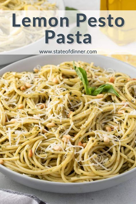 Lemon Pesto Pasta is a quick and delicious weeknight dinner. This recipe combines zesty lemons, aromatic fresh basil pesto, and perfectly cooked al dente noodles. Elevate your dinner table with this easy and flavorful dish. Pest Pasta Recipes, Lemon Pesto Shrimp Pasta, Spaghetti With Lemon Pesto, Lemon Pesto Pasta Recipes, Lemon Peel Pesto, Lemon Pesto Recipe, Creamy Lemon Pesto Pasta, Lemon Pesto Chicken Pasta, Lemon Pesto Sauce