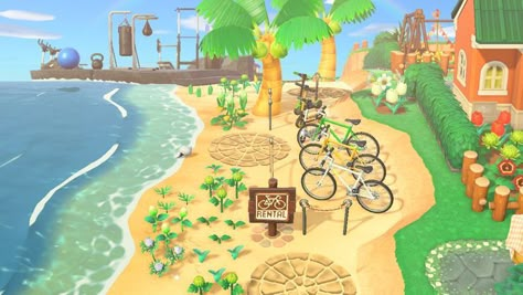 Acnh Beach Neighborhood, Acnh Beach Side Ideas, Scooter Rental Acnh, Animal Crossing Side Beach Ideas, Bike Rental Animal Crossing, Acnh Tropical Neighborhood, Beach Animal Crossing, Acnh Bike Rental, Acnh Beach Codes