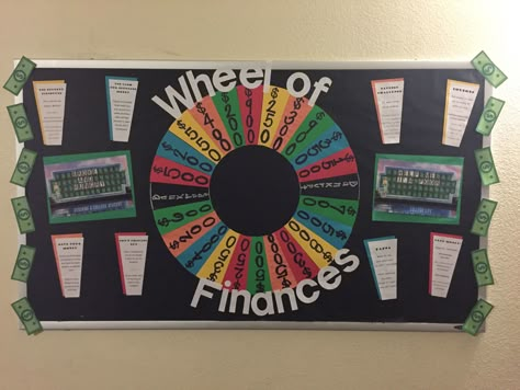 Wheel of Finances RA money tips and tricks bulletin board Financial Literacy Bulletin Board, Career Bulletin Boards, Literacy Bulletin Boards, Resident Assistant Bulletin Boards, Literacy Display, March Bulletin Board, November Bulletin Boards, Office Bulletin Boards, High School Bulletin Boards