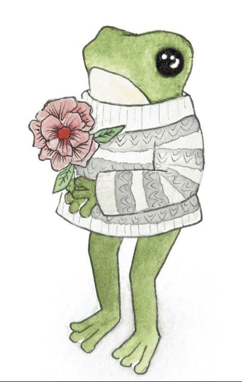 Frog Holding A Flower, Frosch Illustration, India Rose, Holding A Flower, Frog Drawing, Frog Art, Dainty Tattoos, A Frog, Flower Printable