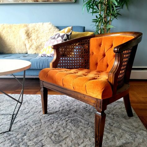 West End Trends on Instagram: “Vintage Orange Barrel Chair Beautiful walnut frame barrel chair upholstered in tufted orange velvet and wrapped with cane along the sides…” Cushion Diy, Caned Armchair, Orange Furniture, Cane Chair, Orange Velvet, Tufted Cushion, Diy Cushion, Rattan Chair, Chair Decorations