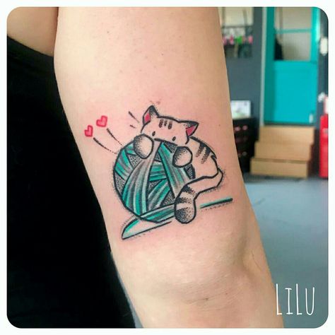 Knit Tattoo Ideas, Cat Playing With Yarn Tattoo, Cat With Yarn Tattoo, Cat And Yarn Tattoo, Cat Yarn Tattoo, Knitting Tattoo Ideas, Crochet Tattoo Ideas, Crochet Tattoos, Knitting Tattoos