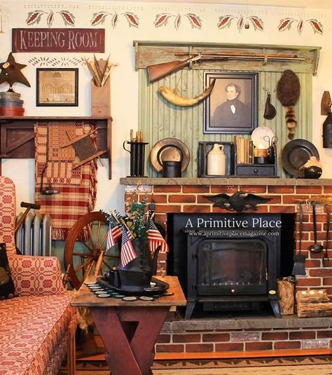 Early American Decorating, A Primitive Place Magazine, Decorate Your Fireplace, Fall And Christmas, Country Magazine, Primitive Colonial, Primitive Style, Keeping Room, Colonial Christmas