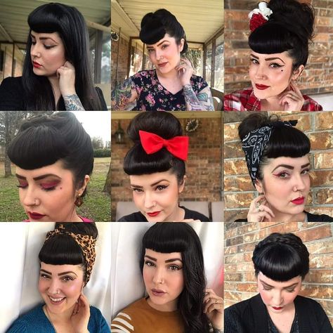 Bette Bangs, Cute Ways To Clip Back Bangs, Bettie Page Bangs, Bettie Bangs Short Hair, Betty Page Bangs, Bettie Bangs Hairstyles, Easy Pinup Hairstyles, Pinup Bangs, 1950 Hairstyles