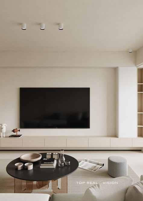 Minimal Entertainment Center, Minimalist Tv Console Design, Modern Minimal Tv Wall, 77 Inch Tv Living Room, Minimal Tv Wall, Living Room Colour Ideas, Room Colour Ideas, Entertainment Center Modern, Room Color Design