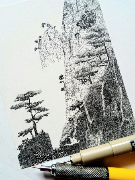 Stippling Art Landscape, Stippling Landscape, Pointillism Landscape, Drawing Hatching, Pointilism Art, Pointillism Drawing, Landscape Art Lessons, Pointalism Art, Pointillism Tattoo