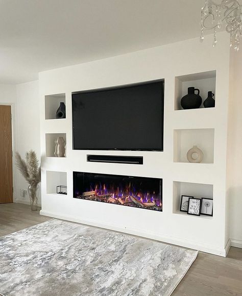 Tv Wall With Fireplace Modern, Tv Wall With Fireplace, Modern Media Wall, Wall With Fireplace, Media Walls, Fireplace Modern, Feature Wall Living Room, Built In Shelves Living Room, Living Room Wall Units