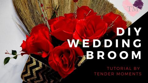 DIY Wedding Broom Tutorial by April Cobb of Tender Moments, LLC Wedding Broom with premium silk Red Roses and Black & Gold Accents #DIYWeddingBroom #JumpingBroom #Diybride #WeddingBroom Diy Wedding Broom, Wedding Broom Ideas Diy, Wedding Broom Ideas, Jumping Broom, Diy Floral Wedding, Wedding Broom, Jumping The Broom, Tender Moments, Diy Brides